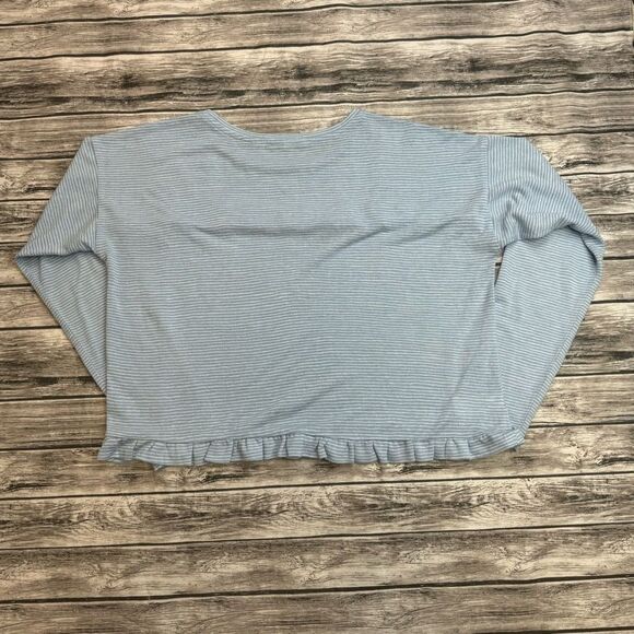 LOFT Women's Stripe Ruffle Soft Tee T Shirt Blouse Top M Med Medium Blue White - Picture 4 of 13